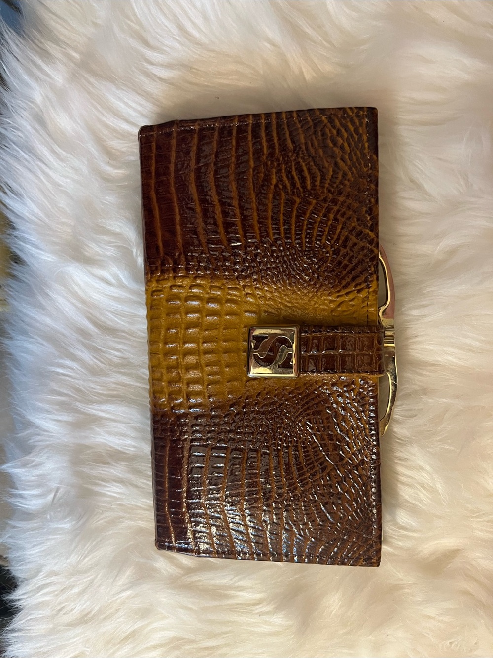 Brown & Mustard Croc-Embossed Women's Wallet Clutch